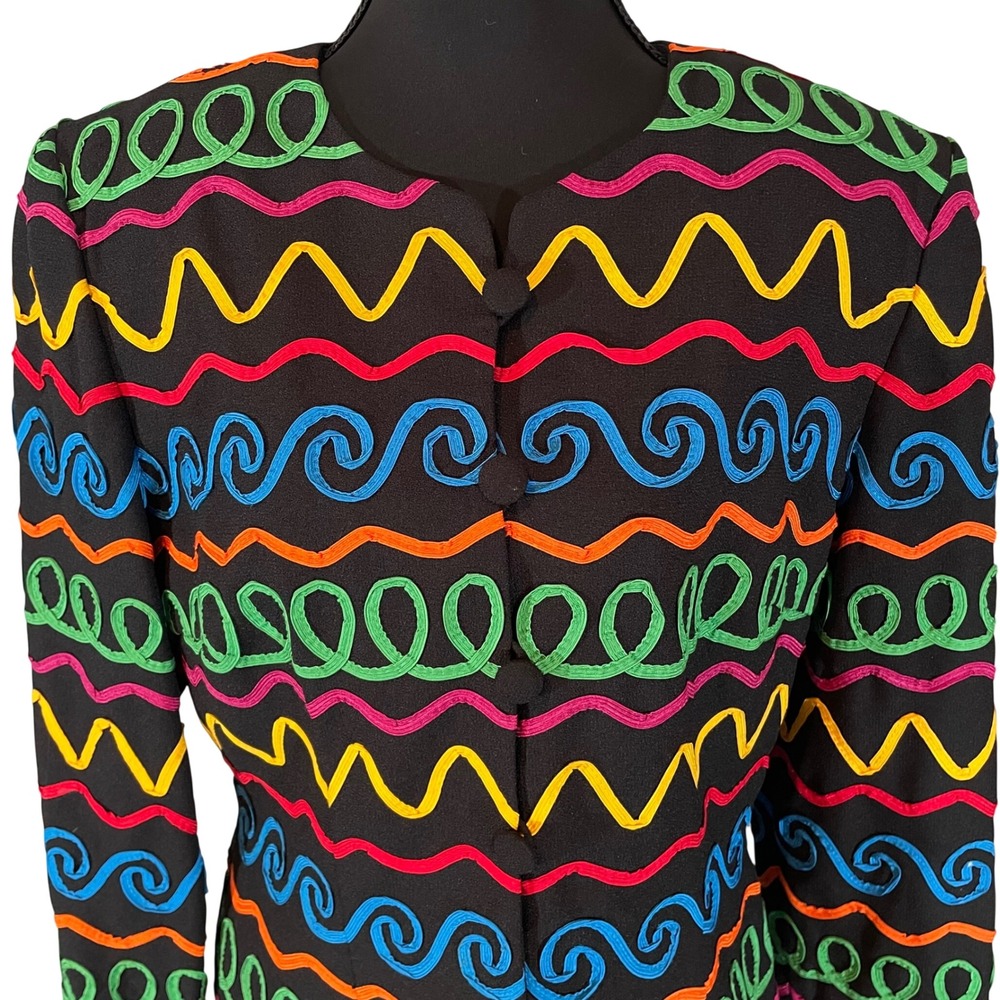 VTG Maggy London‎ Kenneth Nolan Black Multi Color Embroidered Jacket Size 10